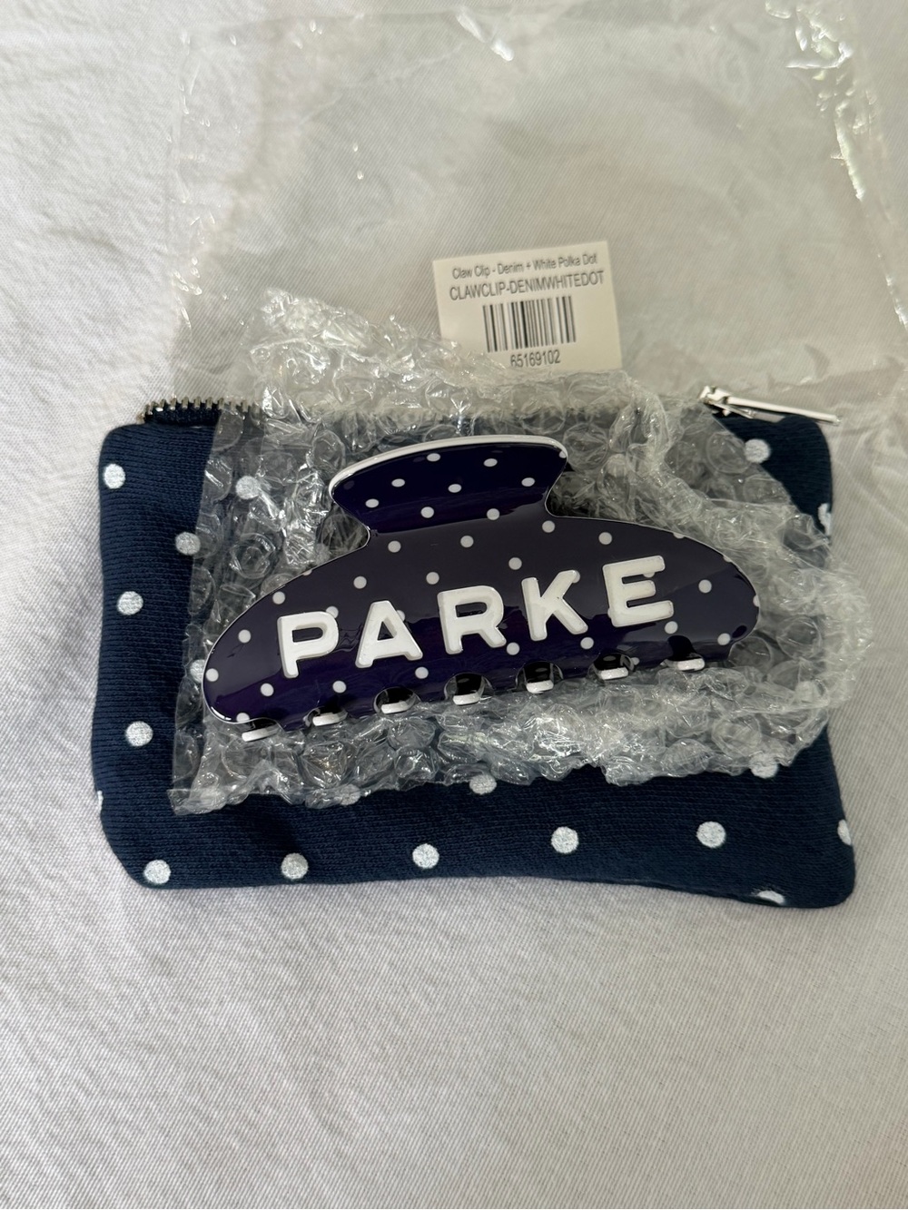 Parke Navy and White Polka Dot Clip with Pouch